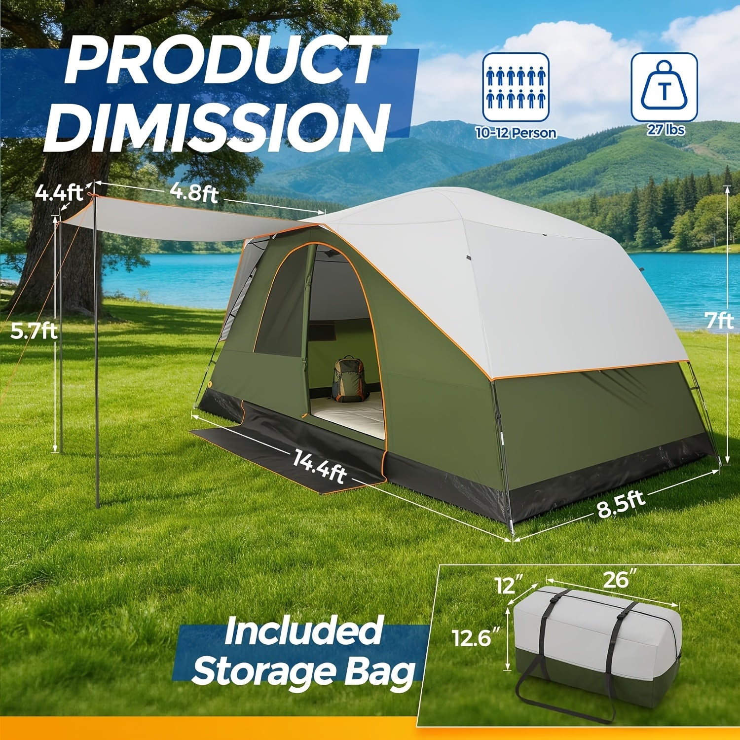 12 Person Camping Tent, Spacious Family Tents for Camping, Hiking, 3500mm High Quality Double-Layer Windproof Tent for Hiking & Backpacking