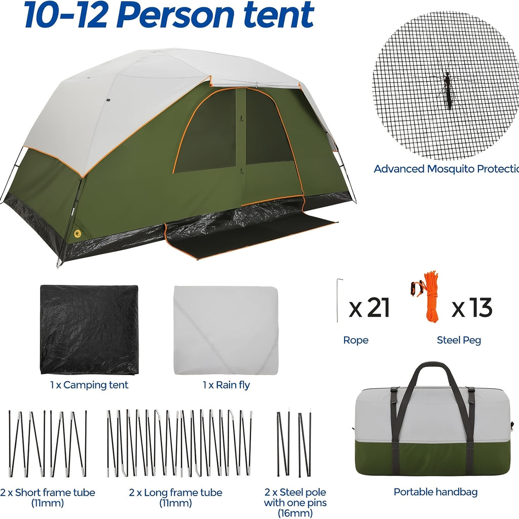 12 Person Camping Tent, Spacious Family Tents for Camping, Hiking, 3500mm High Quality Double-Layer Windproof Tent for Hiking & Backpacking