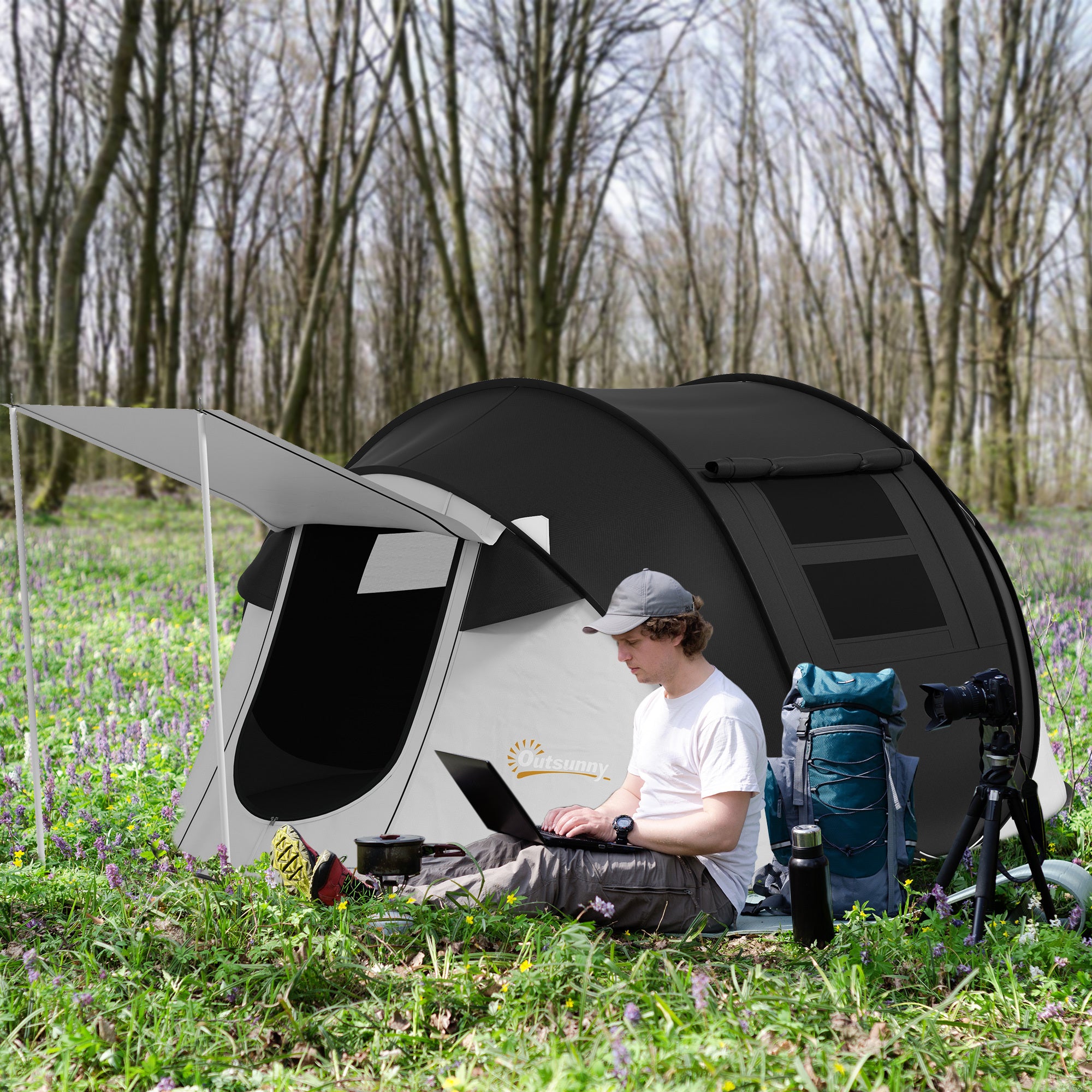 Pop Up Tent, Instant Camping Tent with Porch and Carry Bag, 3000mm Waterproof, for 2-3 People, Black, (Poles Included)