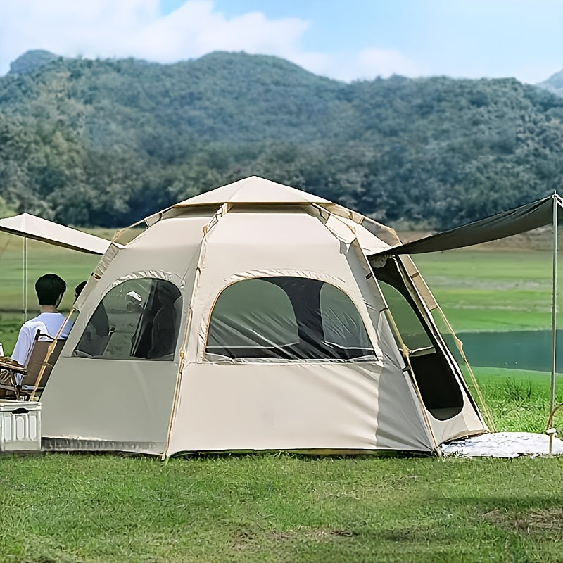 Cloud Mist Gray Hexagonal Automatic Quick-Open Tent with Entry Foyer, Lightweight Camping Tent for Self-Driving, Hiking, and Mountaineering, Portable Foldable Shelter, Oxford Cloth Material - Suitable for Outdoor Camping, Picnics, Fishing