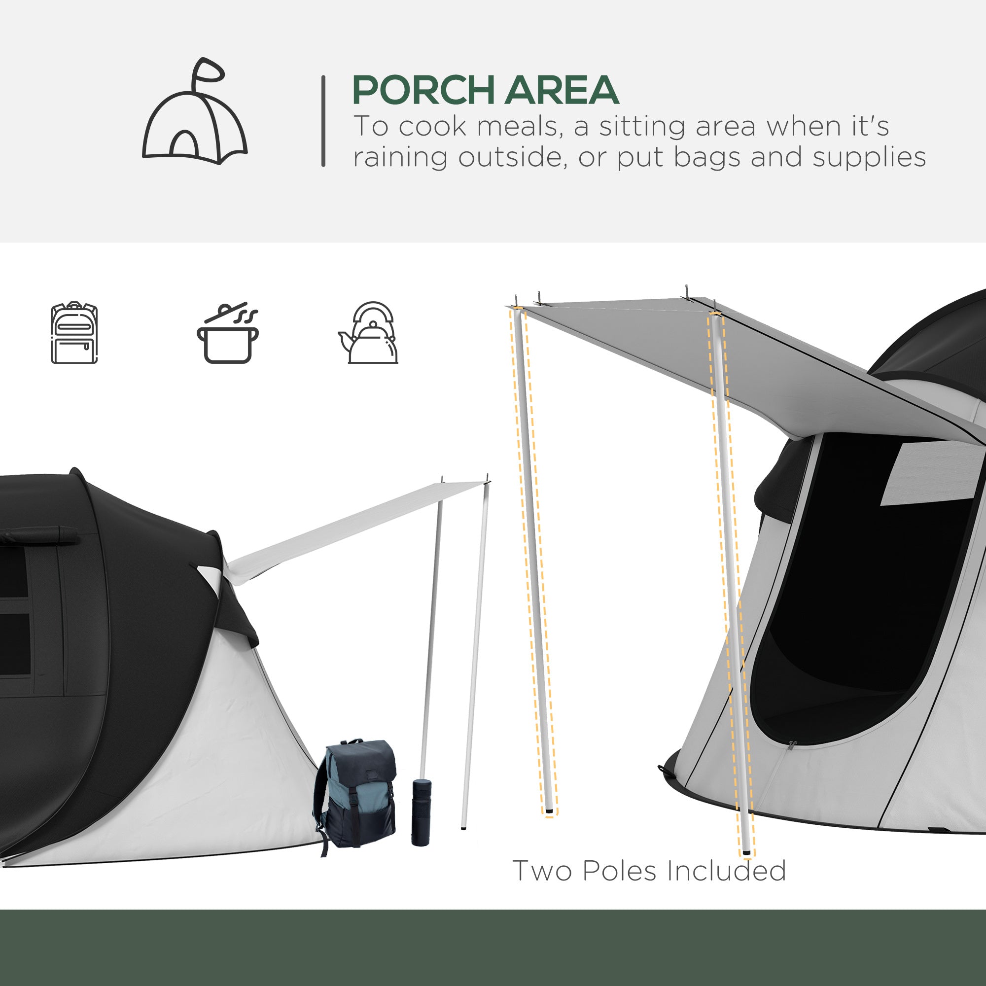 Pop Up Tent, Instant Camping Tent with Porch and Carry Bag, 3000mm Waterproof, for 2-3 People, Black, (Poles Included)