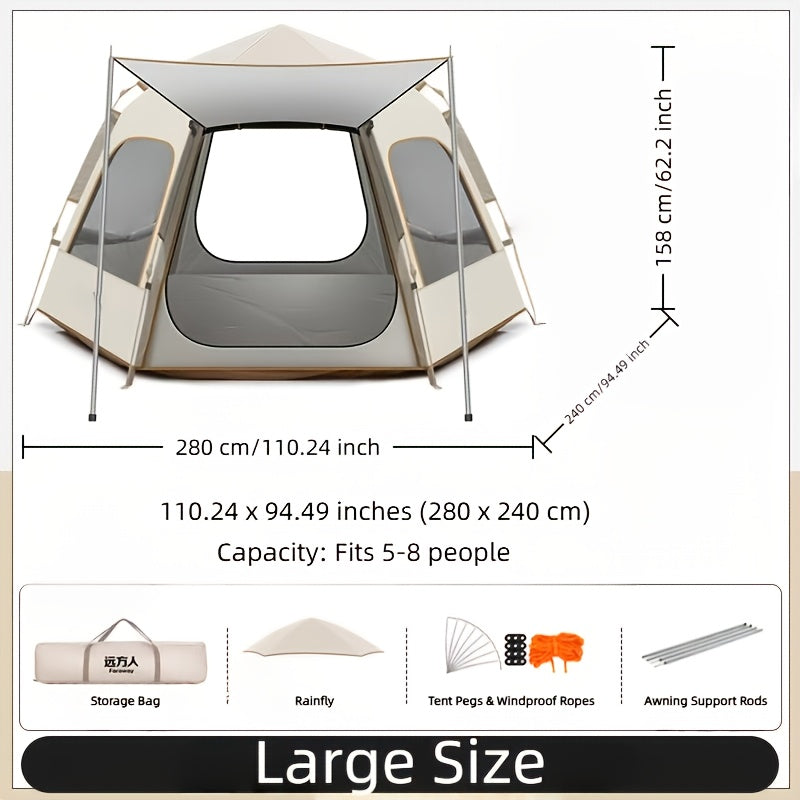 Cloud Mist Gray Hexagonal Automatic Quick-Open Tent with Entry Foyer, Lightweight Camping Tent for Self-Driving, Hiking, and Mountaineering, Portable Foldable Shelter, Oxford Cloth Material - Suitable for Outdoor Camping, Picnics, Fishing