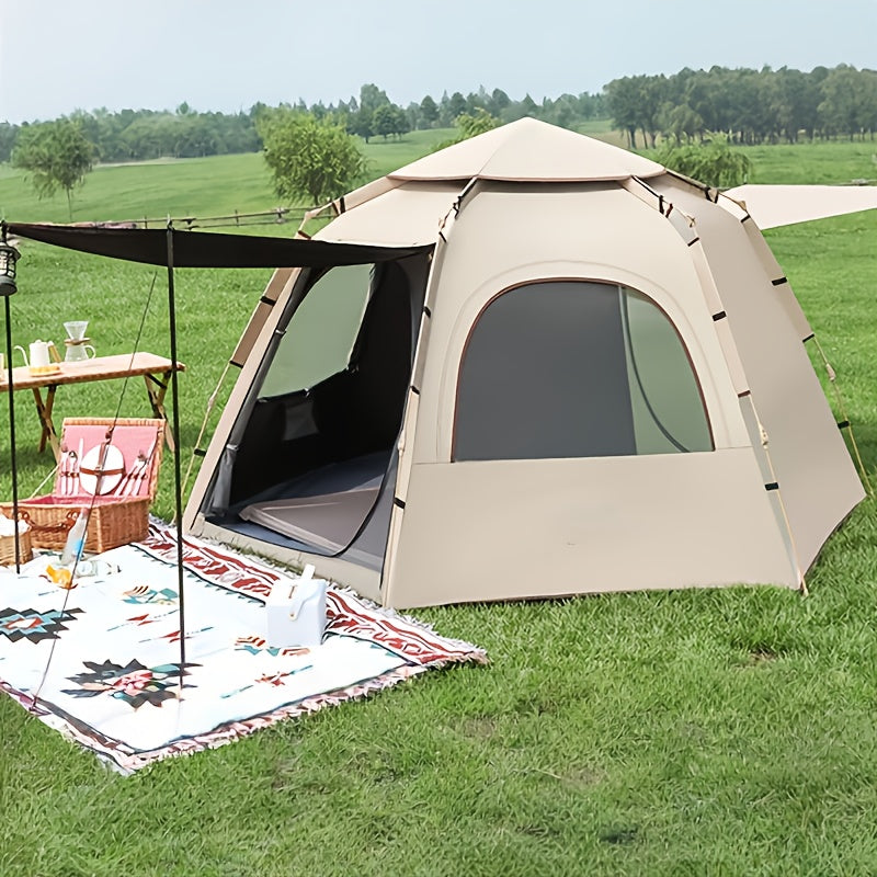Cloud Mist Gray Hexagonal Automatic Quick-Open Tent with Entry Foyer, Lightweight Camping Tent for Self-Driving, Hiking, and Mountaineering, Portable Foldable Shelter, Oxford Cloth Material - Suitable for Outdoor Camping, Picnics, Fishing