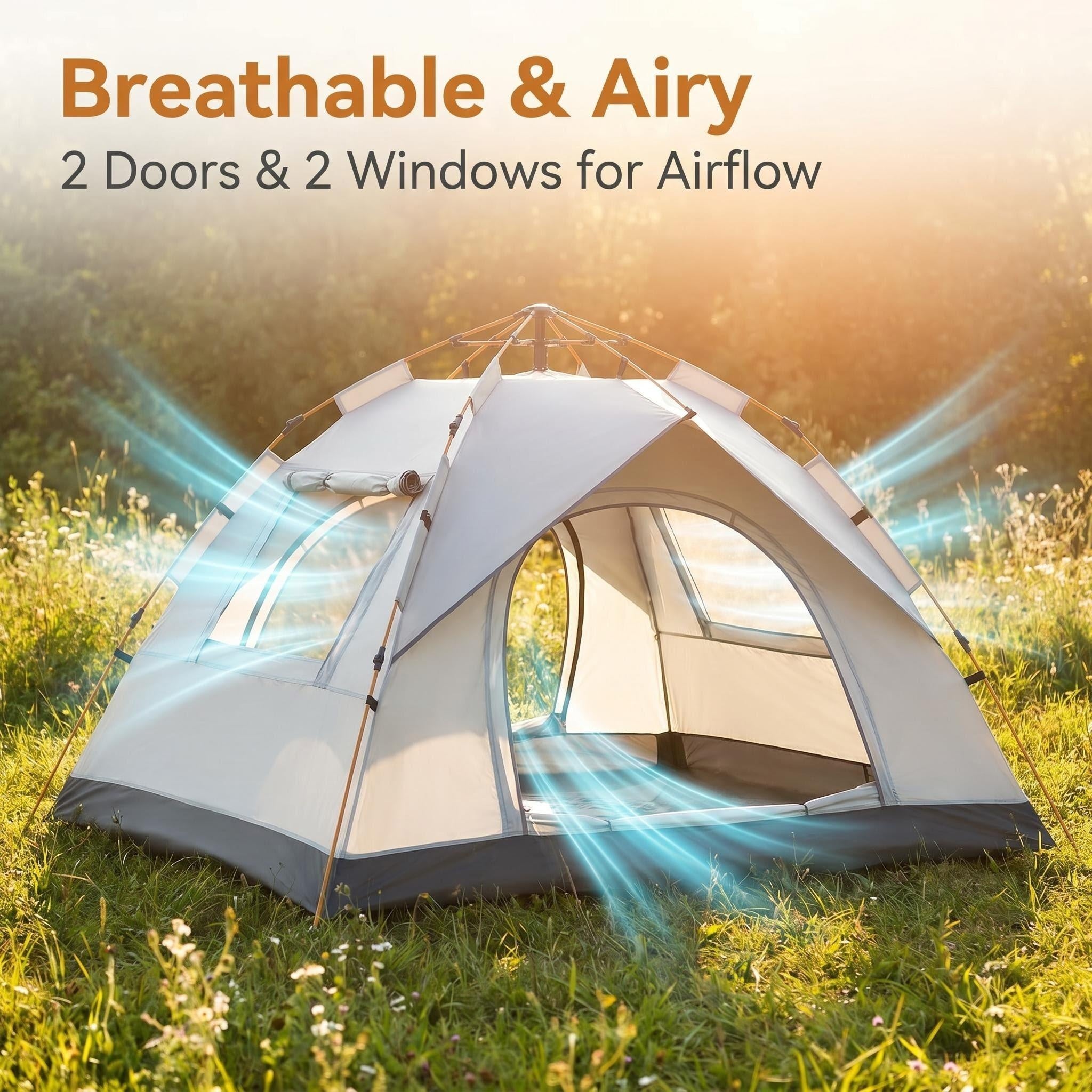 Automatic Pop Up Camping Tent 3-4 Person 2 Doors 2 Windows Dome Tent Lightweight Gray for Outdoor Hiking Beach Picnic