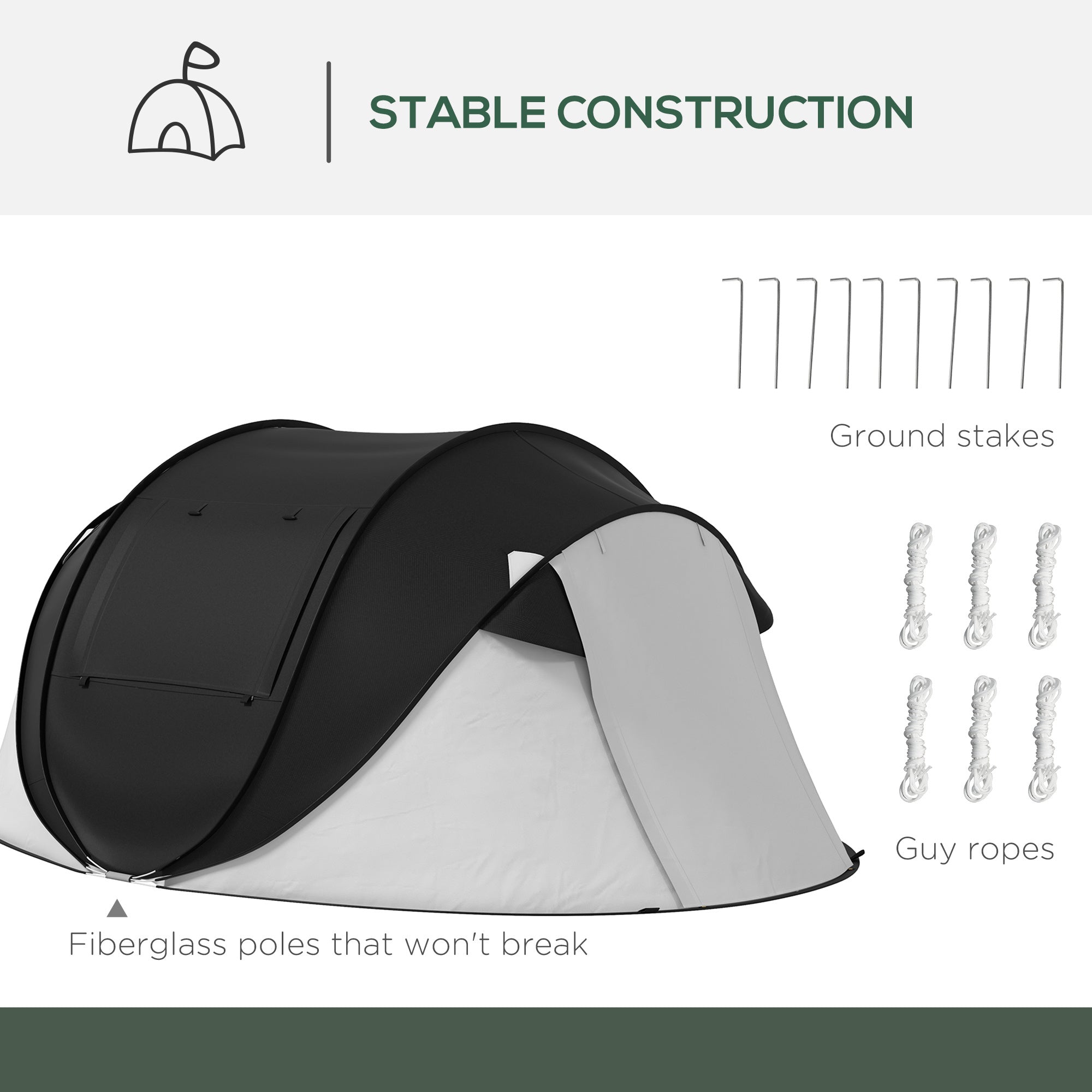 Pop Up Tent, Instant Camping Tent with Porch and Carry Bag, 3000mm Waterproof, for 2-3 People, Black, (Poles Included)
