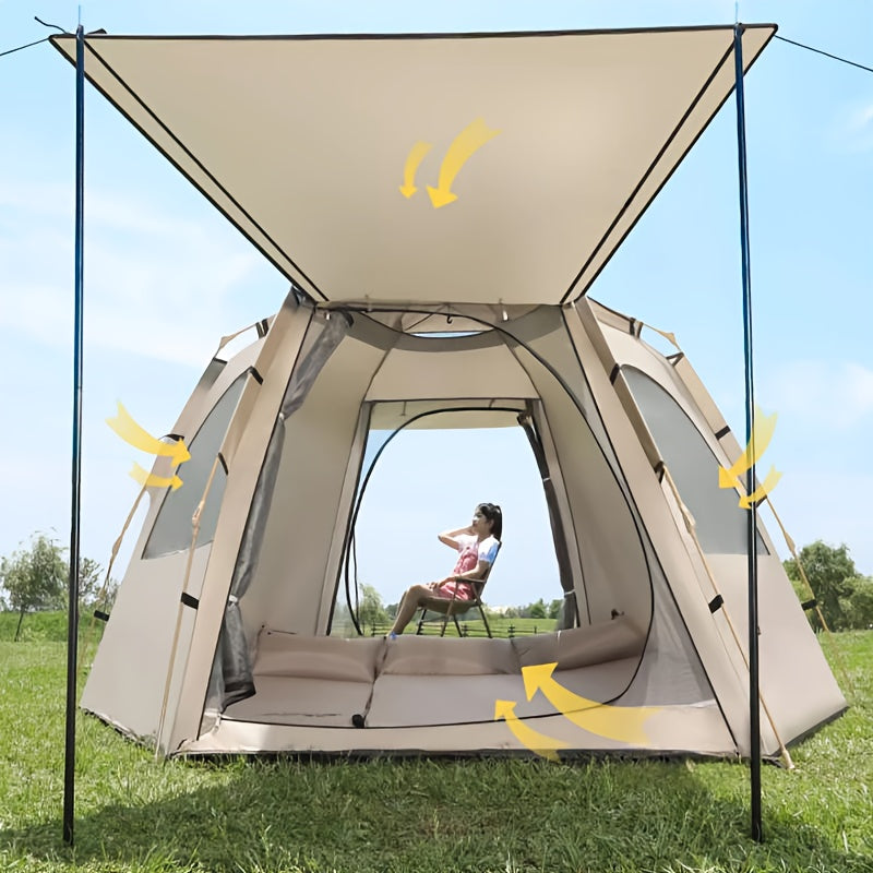 Cloud Mist Gray Hexagonal Automatic Quick-Open Tent with Entry Foyer, Lightweight Camping Tent for Self-Driving, Hiking, and Mountaineering, Portable Foldable Shelter, Oxford Cloth Material - Suitable for Outdoor Camping, Picnics, Fishing