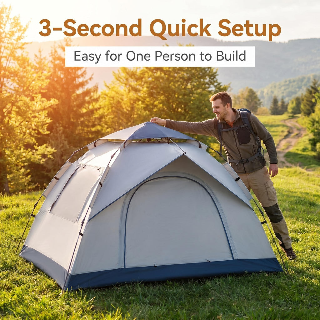 Automatic Pop Up Camping Tent 3-4 Person 2 Doors 2 Windows Dome Tent Lightweight Gray for Outdoor Hiking Beach Picnic