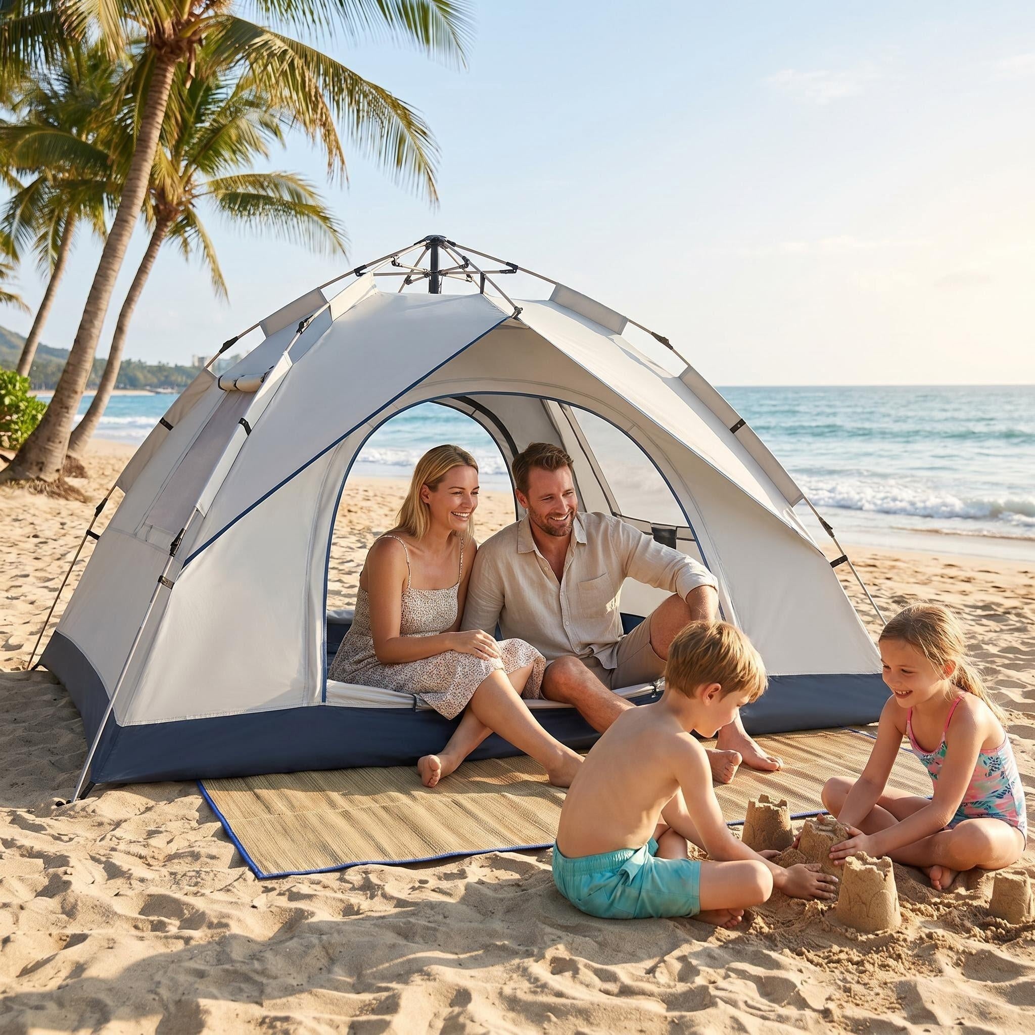 Automatic Pop Up Camping Tent 3-4 Person 2 Doors 2 Windows Dome Tent Lightweight Gray for Outdoor Hiking Beach Picnic