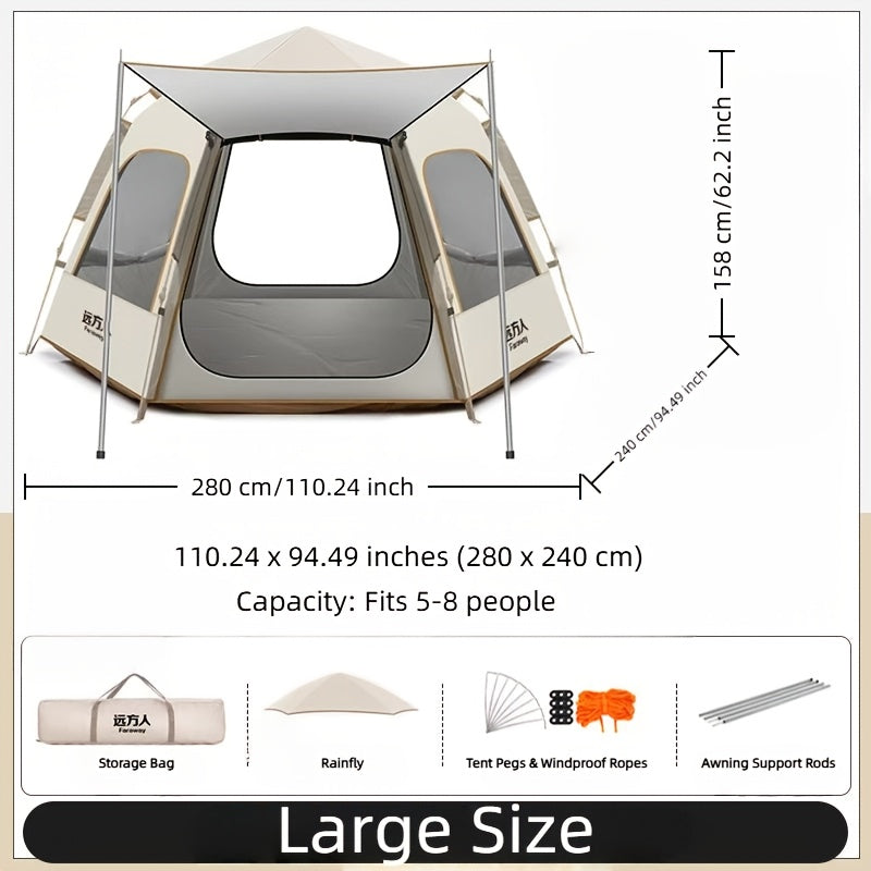 Cloud Mist Gray Hexagonal Automatic Quick-Open Tent with Entry Foyer, Lightweight Camping Tent for Self-Driving, Hiking, and Mountaineering, Portable Foldable Shelter, Oxford Cloth Material - Suitable for Outdoor Camping, Picnics, Fishing