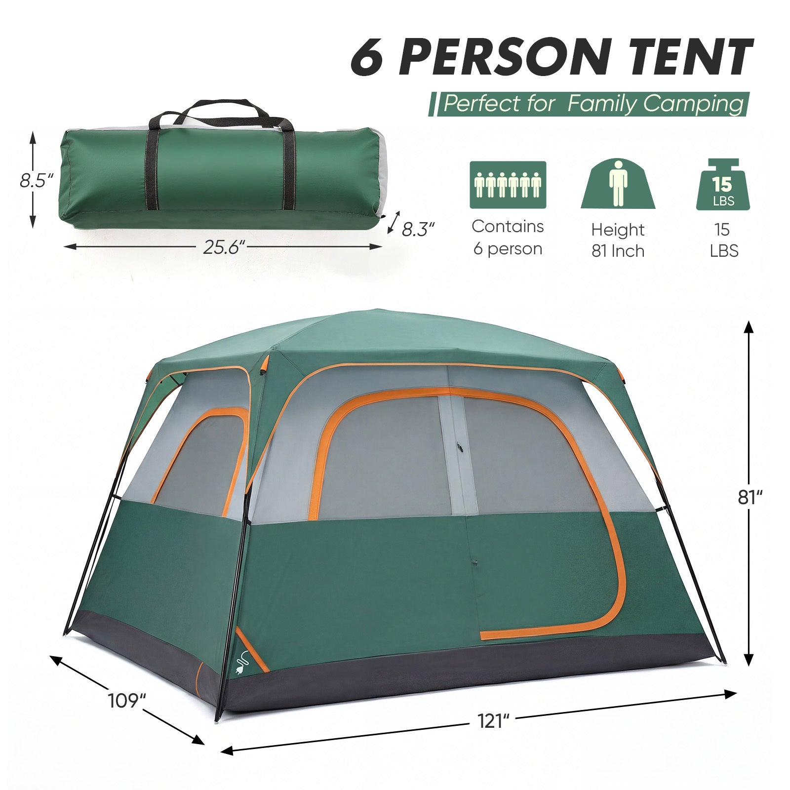 Tall Family Camping Tent for 6 People - Stargazing Mesh Roof & Opening for Cable, Easy Setup & All-Weather Protection, Spacious Outdoor Tent for Car Camping