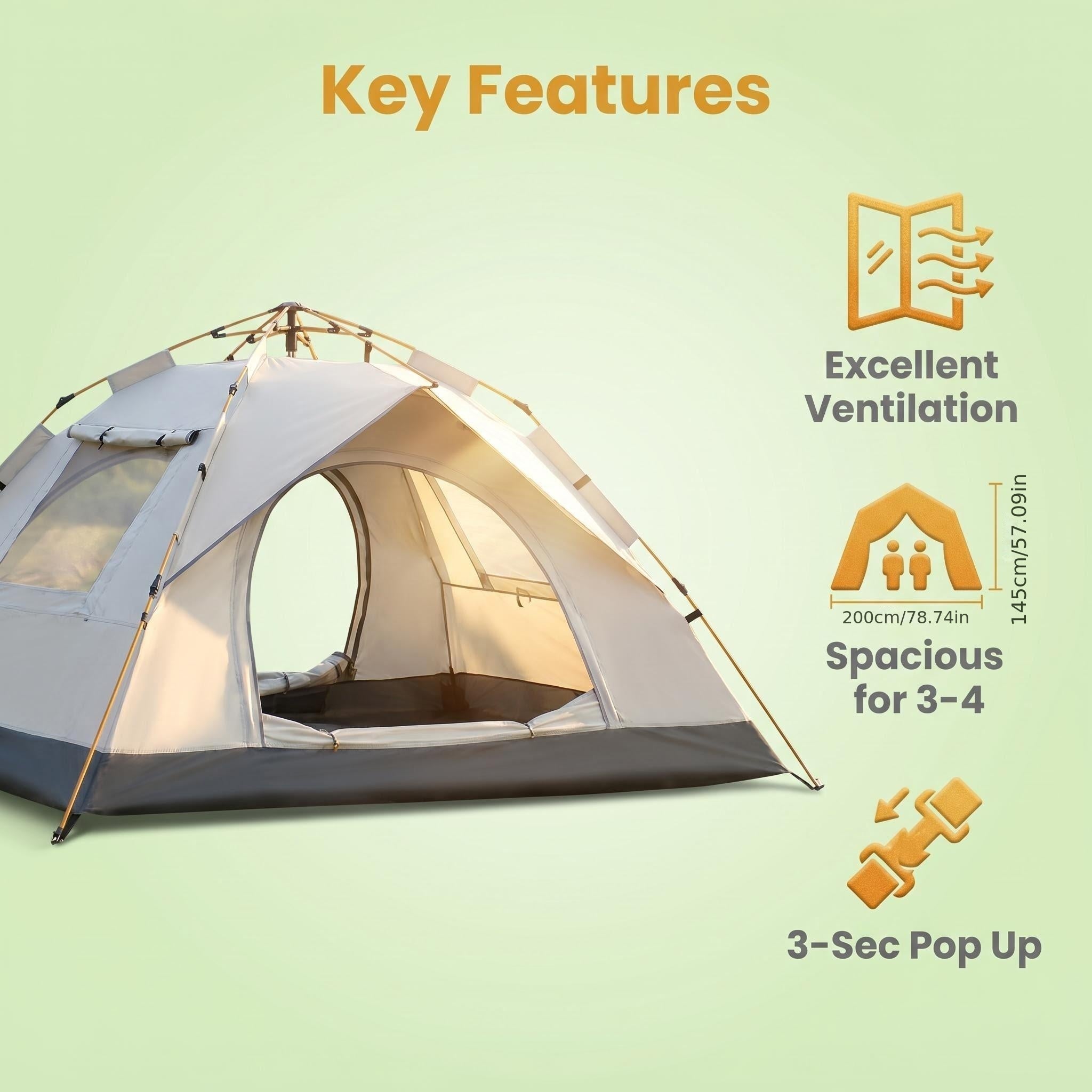Automatic Pop Up Camping Tent 3-4 Person 2 Doors 2 Windows Dome Tent Lightweight Gray for Outdoor Hiking Beach Picnic