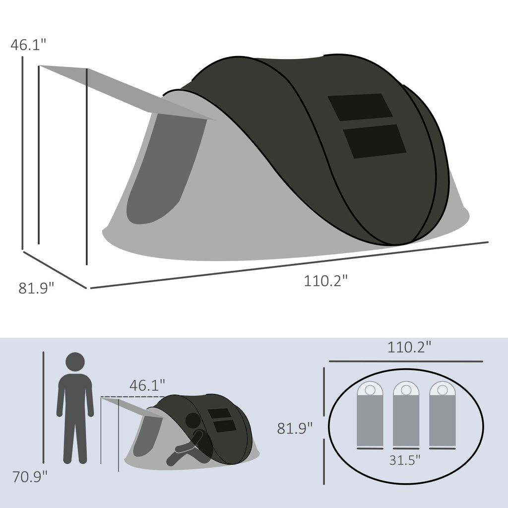 Pop Up Tent, Instant Camping Tent with Porch and Carry Bag, 3000mm Waterproof, for 2-3 People, Black, (Poles Included)